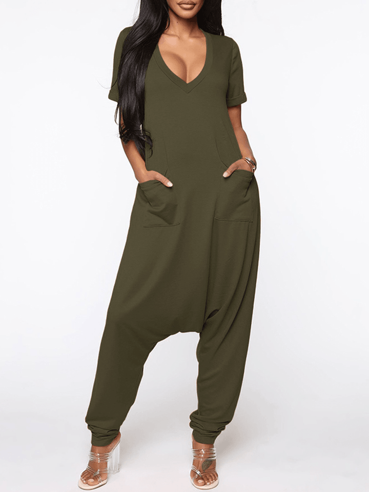 Women Short Sleeve V-Neck Loose Pocket Harem Jumpsuits - MRSLM