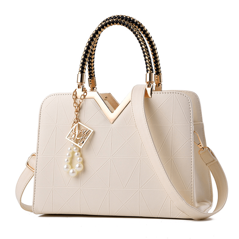 Elegant Women Golden Top Handle Satchel Handbag Tote Purse Shoulder Bag with Bead Pendant - MRSLM