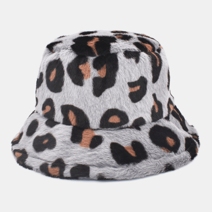 Unisex Plush Soft Warm Casual All-Match Cute Leopard Pattern Bucket Hat - MRSLM