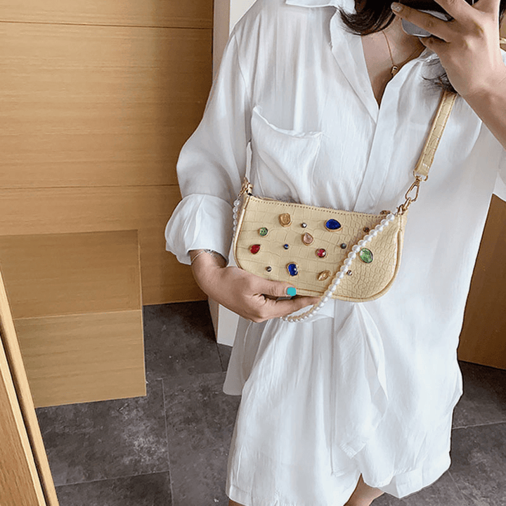 Women Crocodile Pattern Gem Shoulder Bag Crossbody Bag - MRSLM