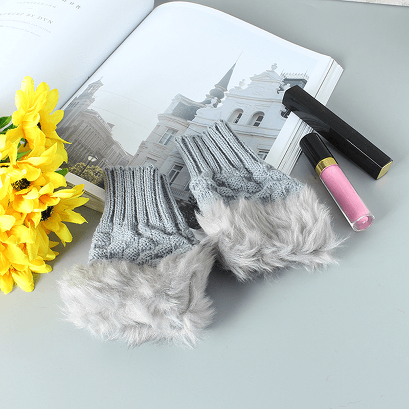 Women Winter Warm Knitted Thicken Fingerless Gloves Artificial Rabbit Hair Half Finger Sleeve - MRSLM