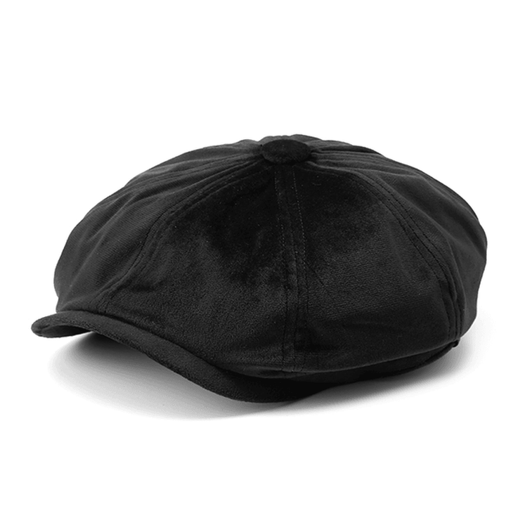 Men'S Solid Velvet Octagonal Cap Winter Warm Casual Newsboy Gentleman Cabbie Hats - MRSLM