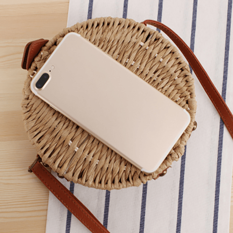 Women round Woven Straw Crossbody Bag Solid Beach Bag - MRSLM