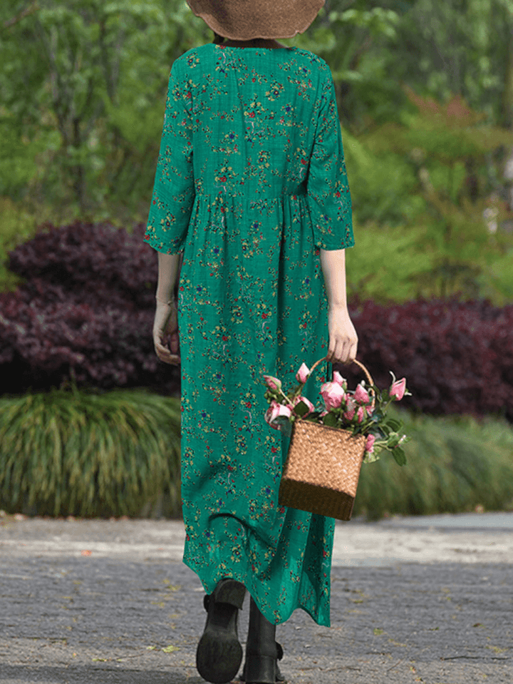 Women Vintage Flowers Print O-Neck 3/4 Sleeve Casual Holiday Maxi Dress - MRSLM