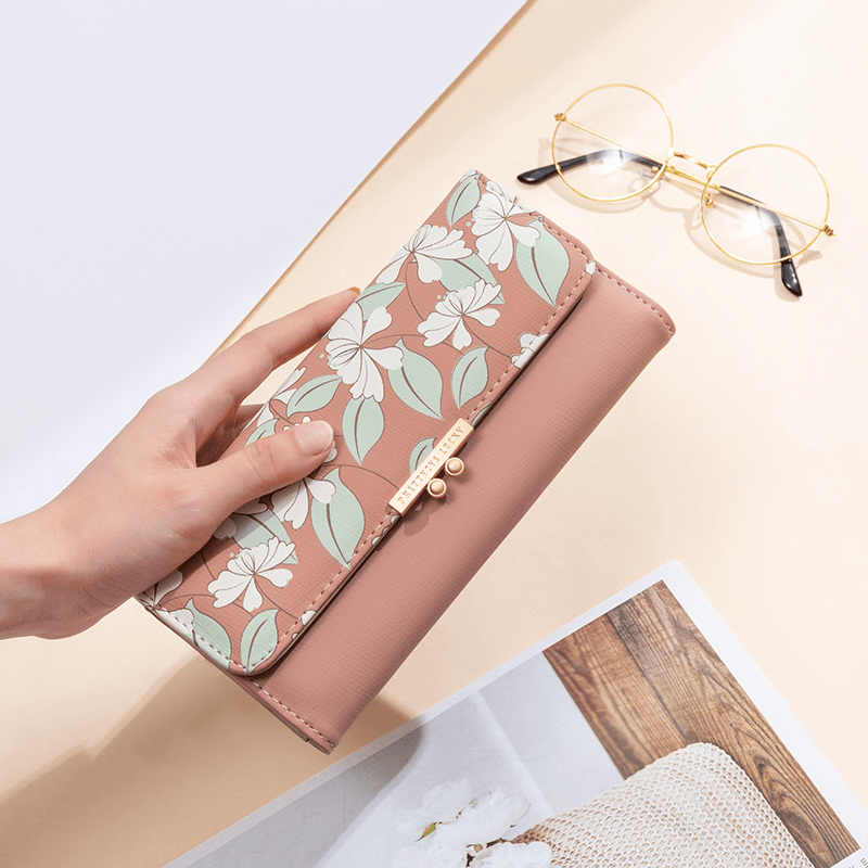 Women Plants 9 Card Slots Floral Trifold Wallet Purse - MRSLM