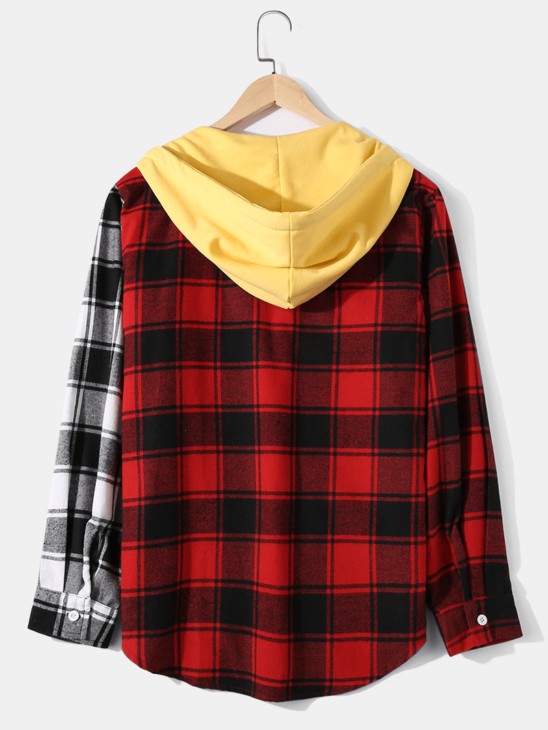 Mens Plaid Patchwork Long Sleeve Chest Pocket Drawstring Hooded Shirts - MRSLM