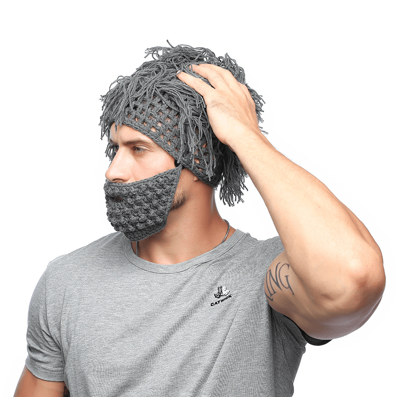 Foreign Trade Creative Straw Hat Men'S Knitted Hat Autumn and Winter Hand Hook Removable Woolen Beard Funny Wig Hat - MRSLM