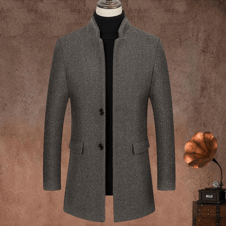 Stand up Collar Mid Length Woolen Slim Fit Wool Coat - MRSLM