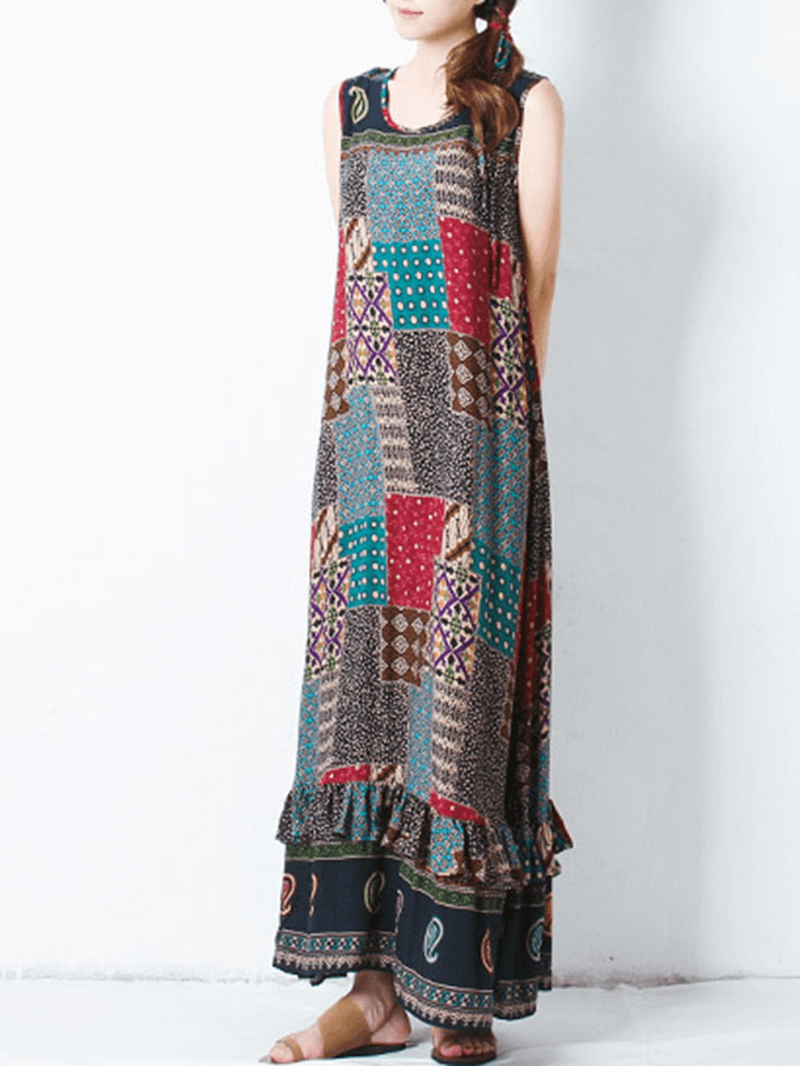 Bohemian Women Sleeveless O-Neck Printed Maxi Tank Dress - MRSLM