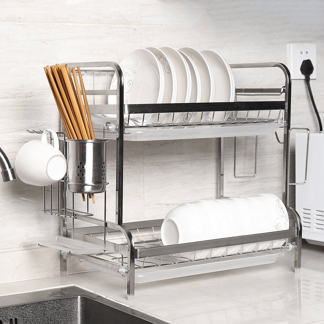 2 Tier Stainless Steel Drain Dish Rack Tableware Cutlery Drain Rack Kitchen Shelf Rack - MRSLM