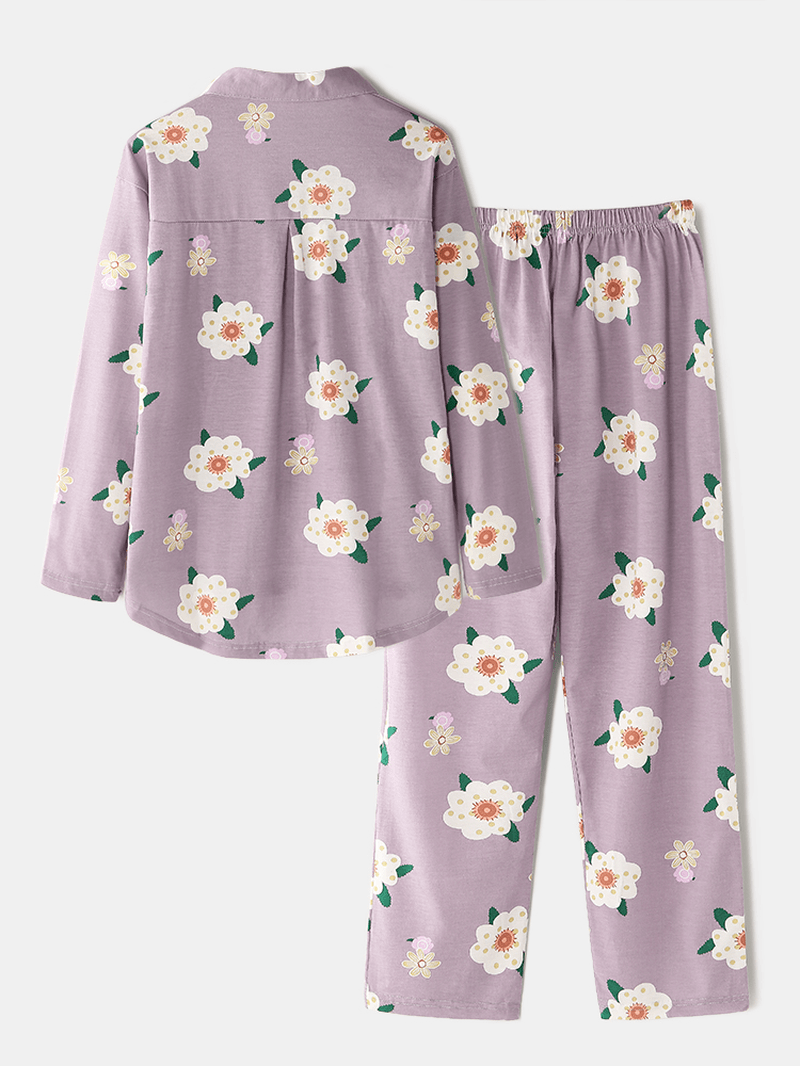 Women Floral Print Lapel Shirt Elastic Waist Pocket Loose Pants Home Pajama Set Sleepwear - MRSLM