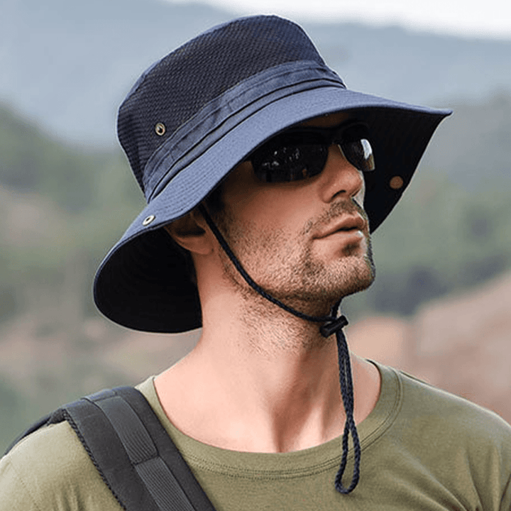 Mens Foldable Breathable Bucket Hat with String Outdoor Fishing Hat Climbing Sunshade Caps - MRSLM