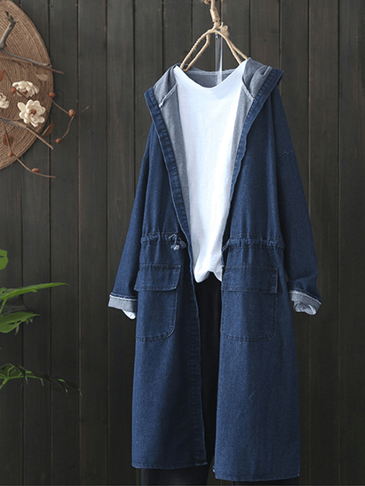 Casual Women Drawstring Long Sleeve Hooded Denim Coats with Pockets - MRSLM