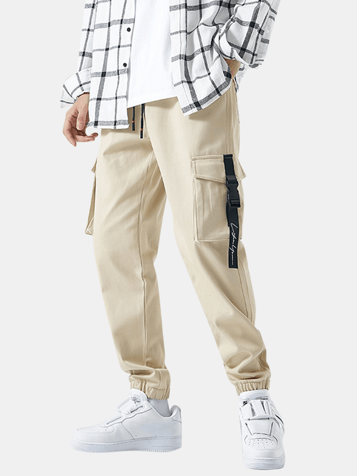 Mens Cotton Solid Drawstring Elastic Ankle Cargo Pants with Push Buckle Pocket - MRSLM