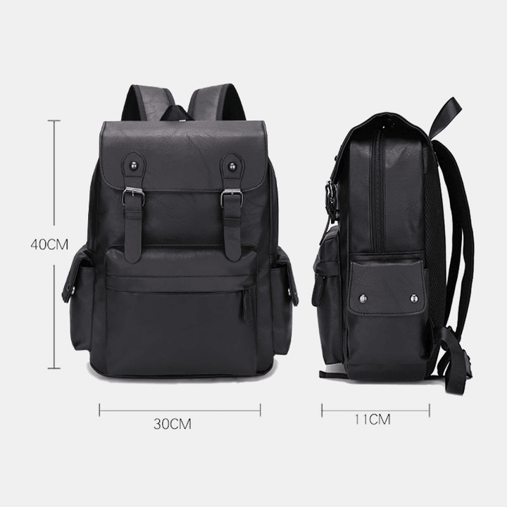 Men Casual Travel Multi-Pocket Large Capacity Backpack Solid Retro Wear-Resistant Waterproof PU Soft Leather 14 Inch Laptop Bag - MRSLM