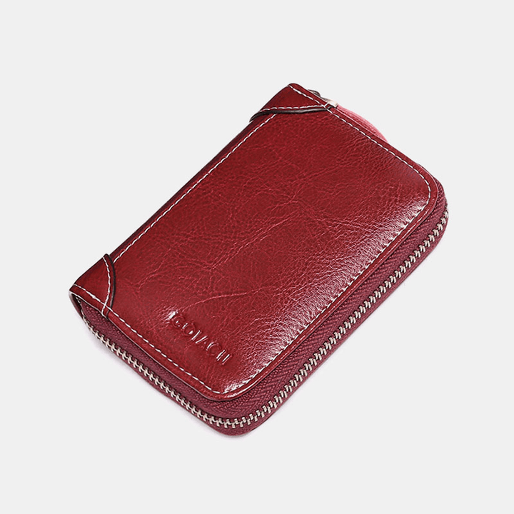 Women 12 Card Slots Rfid Genuine Leather Short Zipper Coin Purse Wallet - MRSLM