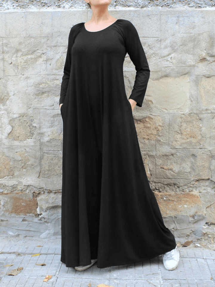 Women Solid Color round Neck Long Sleeve Wide Leg Jumpsuit with Side Pocket - MRSLM