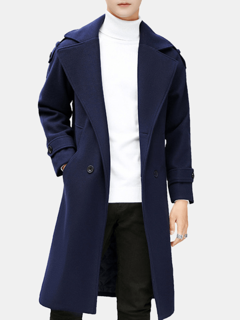 Mens Slim Mid Long Double Breasted Thick Warm Stylish Trench Coat Woolen Overcoat - MRSLM