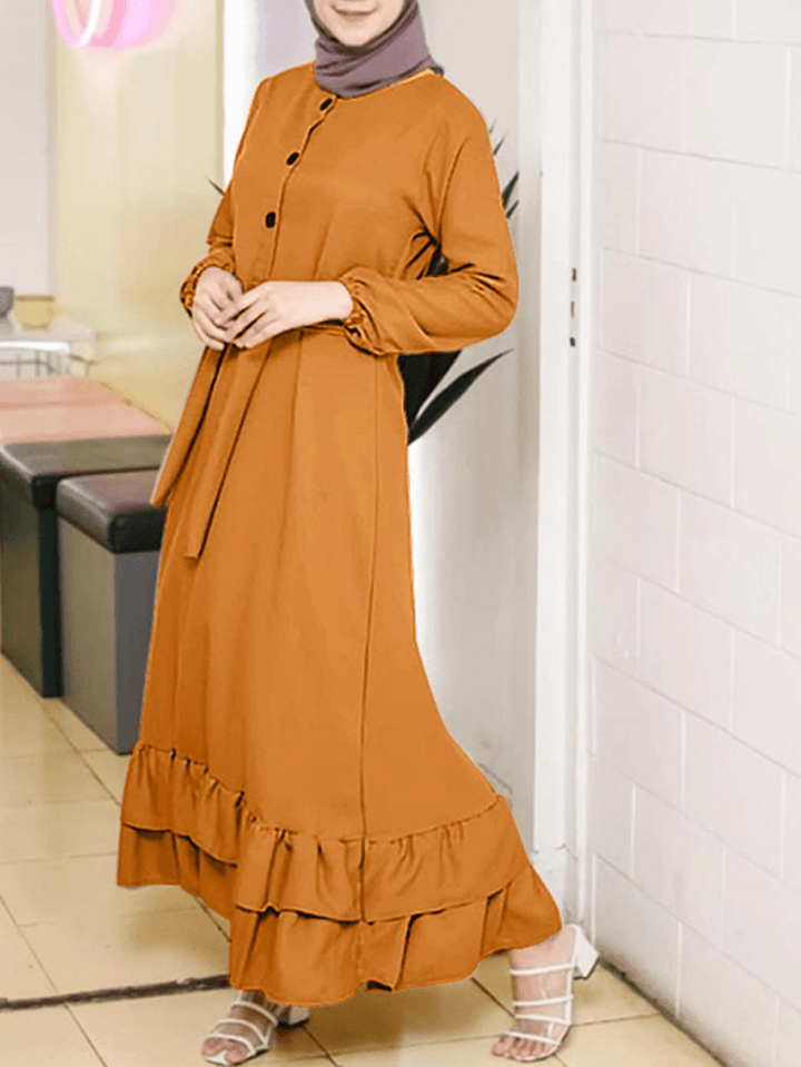 Women Long Sleeve Solid Ruffles Hem Abaya Kaftan Pleats Button Midi Dresses - MRSLM