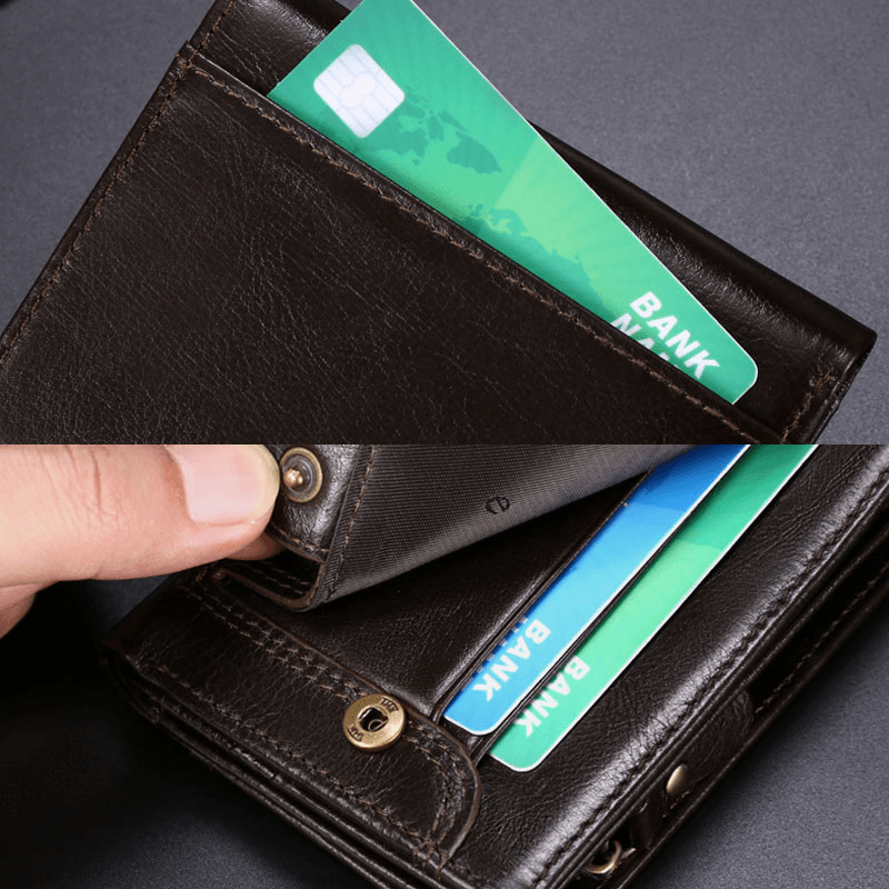 Men Genuine Leather Multifunction RFID Anti-Theft Retro Short Wallet Multi-Card Slot Card Holder Coin Purse - MRSLM