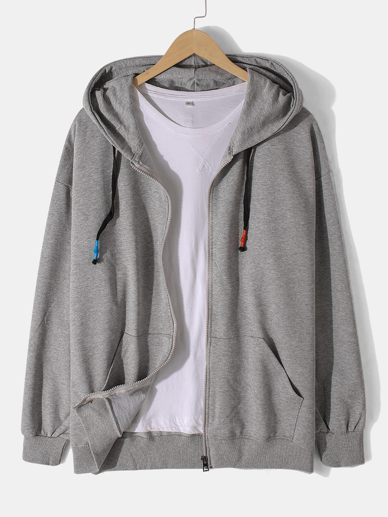 Mens Solid Color Kangaroo Pocket Zipper Simple Cotton Hoodie Jacket - MRSLM