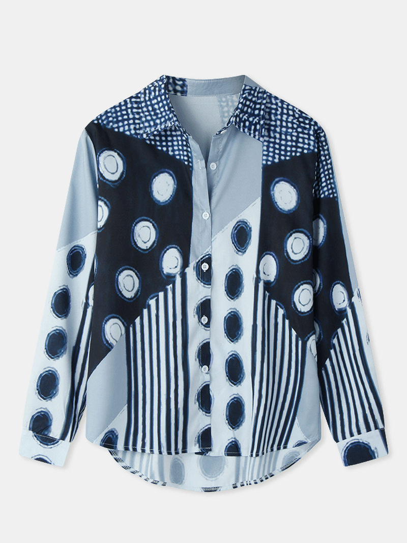 Women Mixed Polka Dot Printed Patchwork Long Sleeve Lapel Casual Stylish Blouse - MRSLM