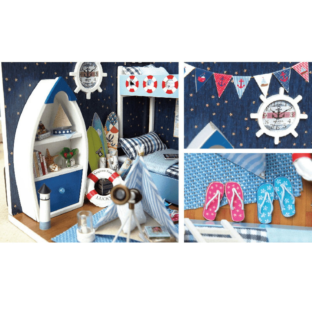 Cute Room Wooden DIY Handmade Assemble Miniature Doll House Kit Toy with LED Light Dust Cover for Gift Collection - MRSLM