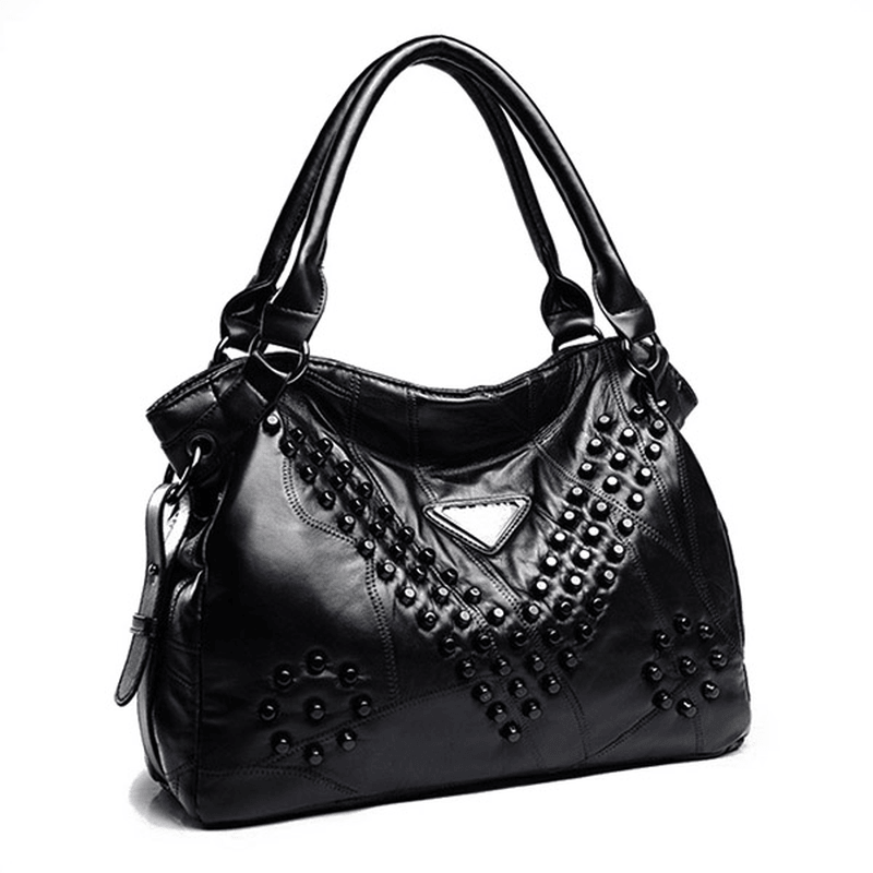 Women Genuine Leather Rivet Fashion Patchwork Handbag - MRSLM