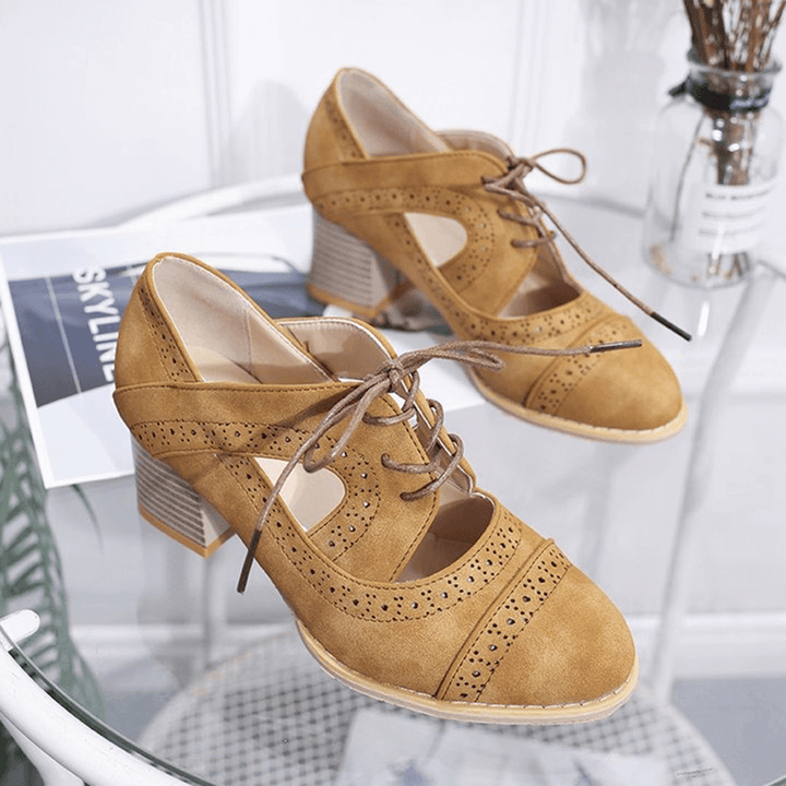 Brogue Carved Chunky Heel Shoes - MRSLM