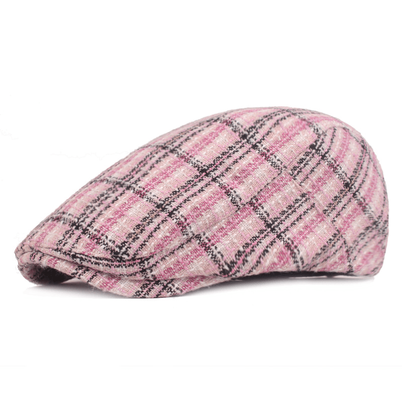 Mens Washed Cotton Plaid Beret Caps Outdoor Sport Adjustable Visor Forward Hats - MRSLM