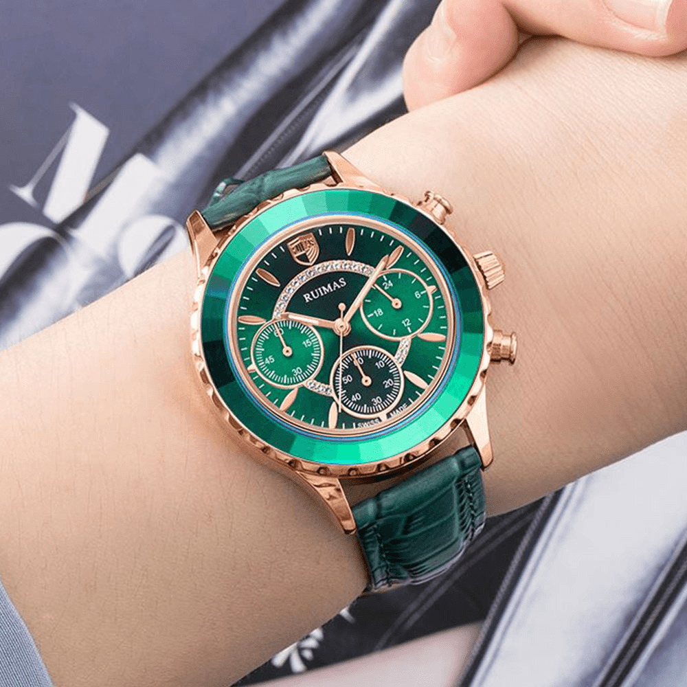 RUIMAS 592 Fashion Women Watch Waterproof Chronograph Leather Strap Light Luxury Quartz Watch - MRSLM