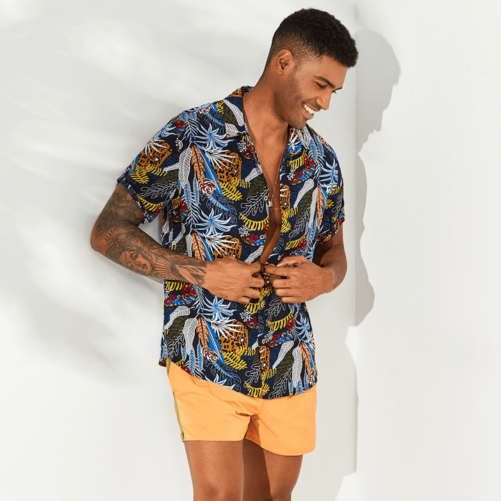 Men Hawaiian Colorful Leaf Printed Short Sleeve Loose Shirts - MRSLM