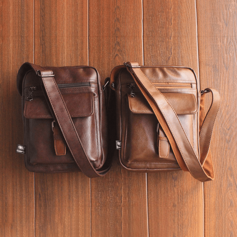 Men Vintage Multifunction Multi-Pockets Waterproof Faux Leather Crossbody Bag Shoulder Bag - MRSLM