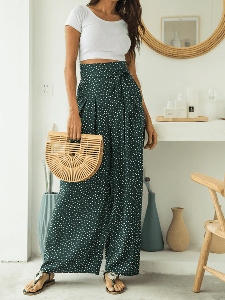 Casual Polka Dot Print High Waist Bow Wide Pants with Pocket - MRSLM