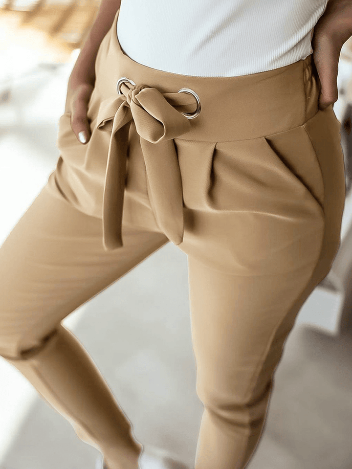 Women Solid Color Lace-Up Pleated Casual Regular Fit Pencil Pants - MRSLM