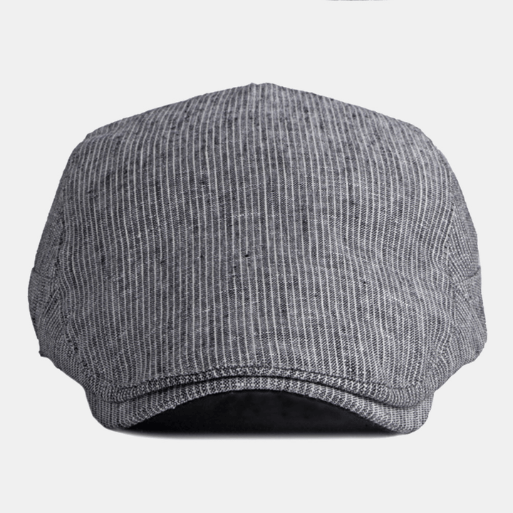 Men Cotton Linen Pinstripe Beret Cap British Retro Metal Label Adjustable Casual Flat Cap - MRSLM