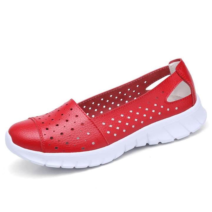 Women Leather Hollow Comfy Breathable Soft Casual Flats - MRSLM