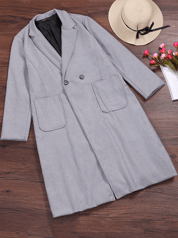 S-5XL Women Loose Turn-Down Collar Button Pocket Wool Outwear Coats - MRSLM