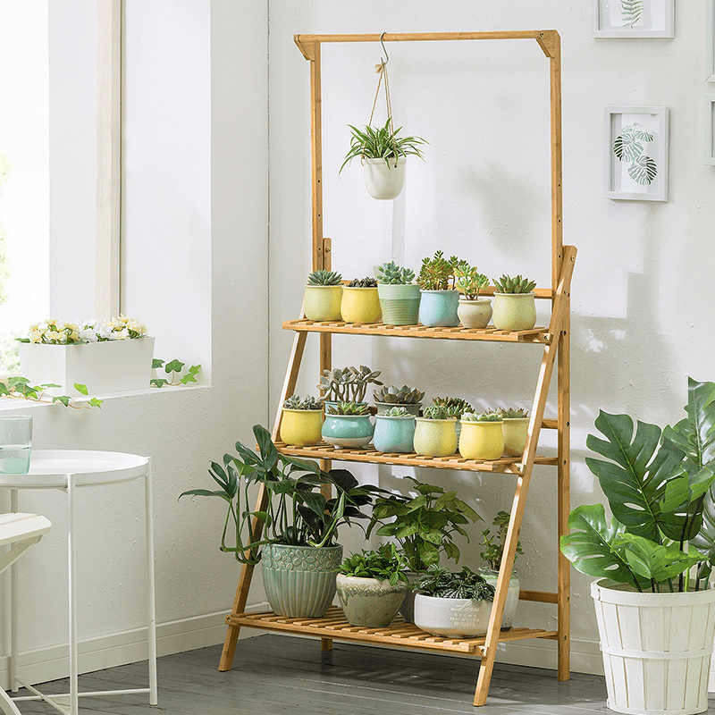 Plant Stand Flower Pot Display Multi-Layer Shelf with Hanging Rod Plants Rack Holder Organizer - MRSLM