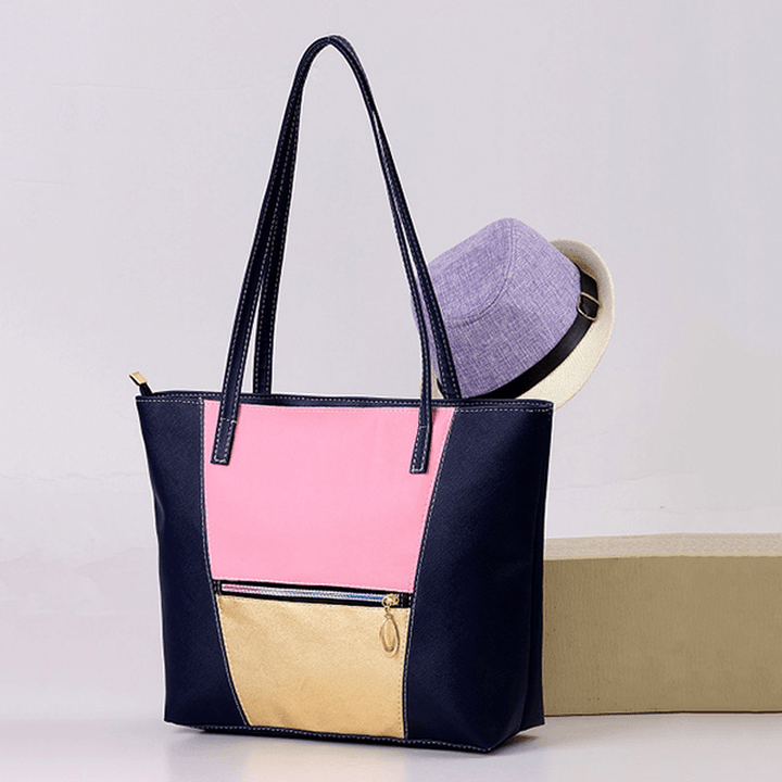 Women PU Leather Large Capacity Color Block Handbag Shoulder Bag - MRSLM