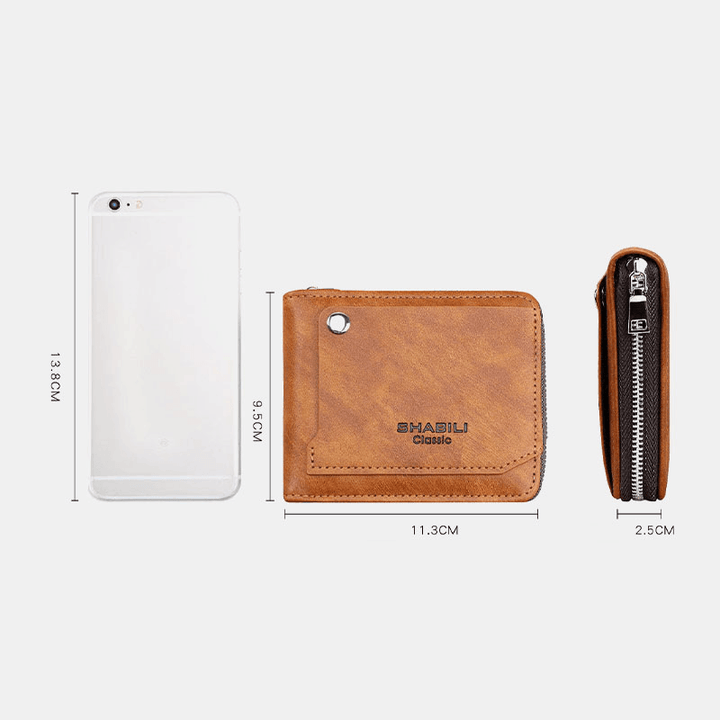 Men Faux Leather Retro Classical Draw Card Slot Bifold Zipepr Card Holder Wallet - MRSLM