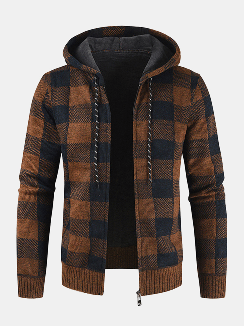 Mens Vintage Plaid Warm Zipper Warm Hooded Sweater Jacket - MRSLM