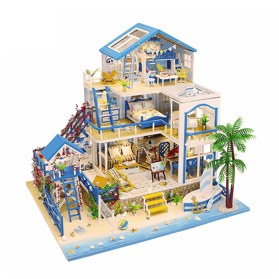 Wooden DIY Beach Villa Doll House Miniature Kit Handmade Assemble Toy with LED Light for Birthday Gift Collection Home Decor - MRSLM