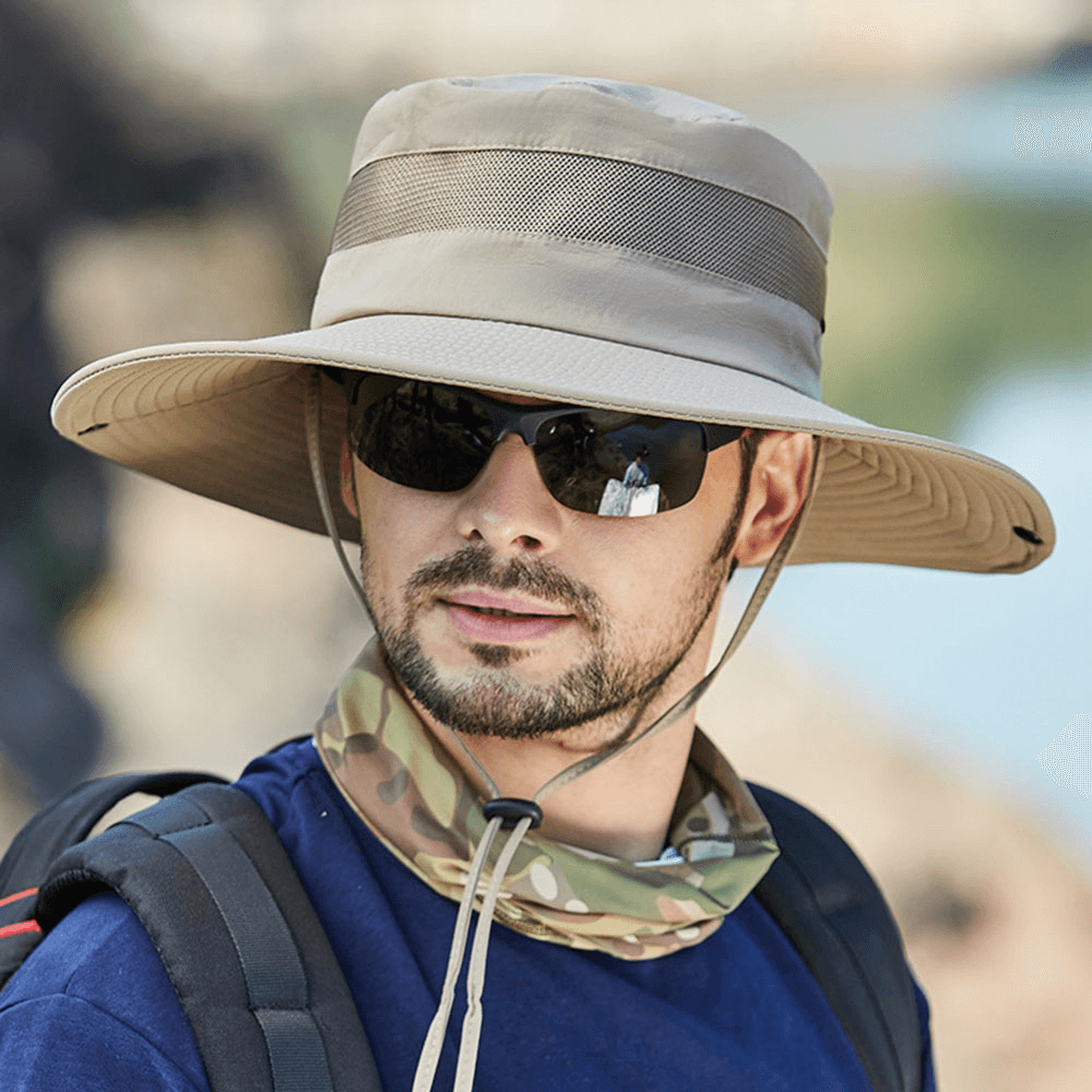 Men Breathable Mesh Big Brim Outdoor Fishing Climbing UV Protection Sunshade Waterproof Bucket Hat - MRSLM