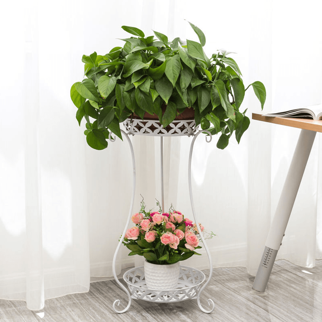 2 Tiers Metal Pot Flower Shelf Plant Stand Rack Display Indoor Outdoor - MRSLM