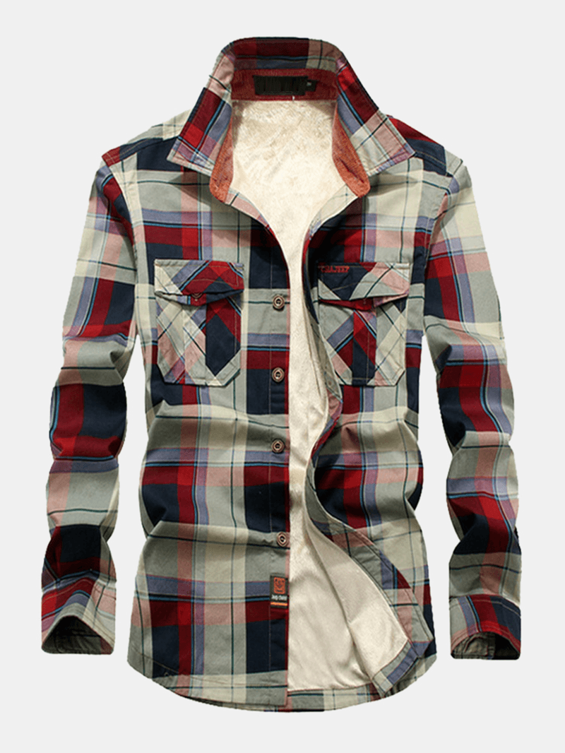 Mens Cotton Plaid Thicken Fleece Lined Shirt Jacket with Pocket - MRSLM