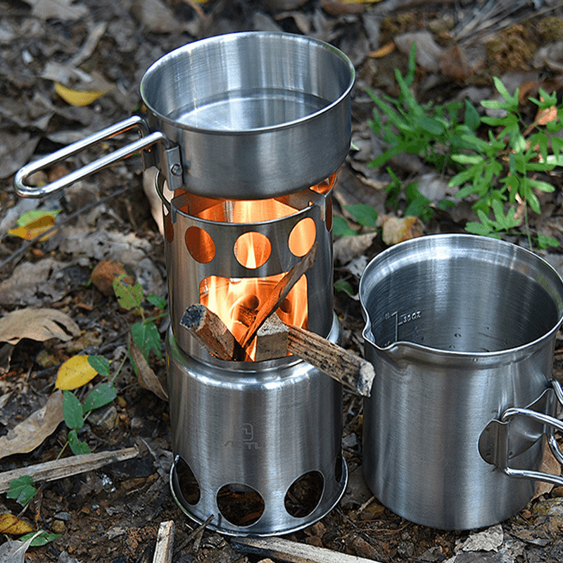 AOTU Camping Stove Set Portable Wood Burning Furnace Picnic Pot Portable Stainless Steel Cookware - MRSLM