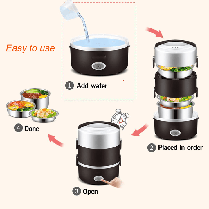 Electric Rice Cooker Stainless Steel 3 Layers Steamer Warmer Heating Lunch Box - MRSLM