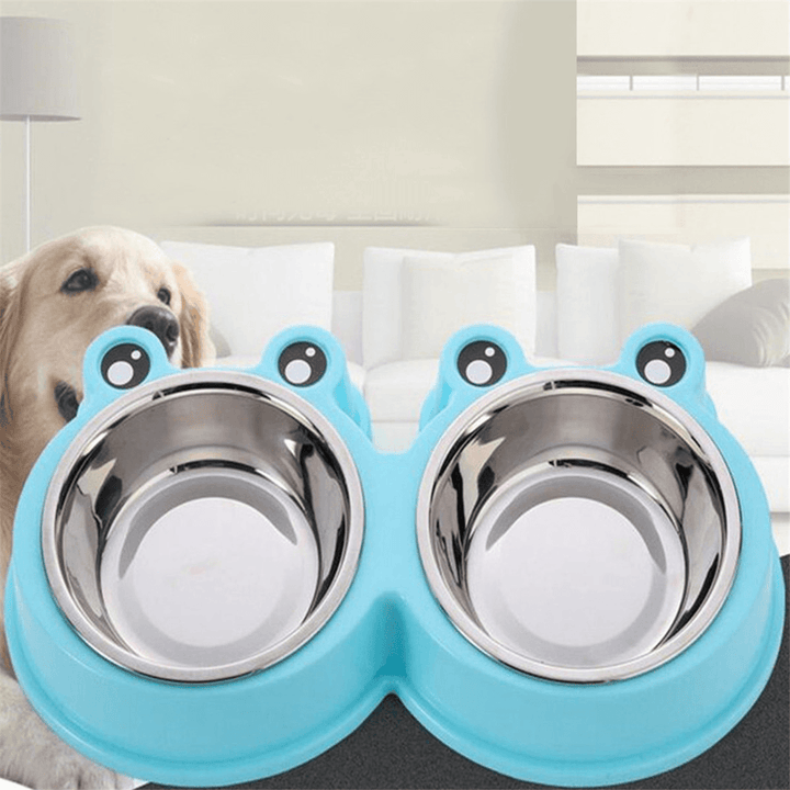 3Colors Frog Shape Pet Bowl Food Water Container Stainless Steel Dog Cat Feeder - MRSLM