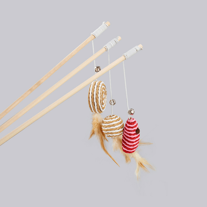 Wooden Pole Funny Cat Stick Feather Bell Interactive Toy Supplies - MRSLM